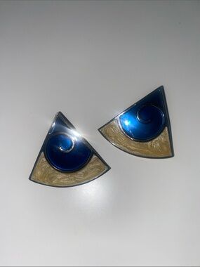 Gold and Blue Wave Triangle Statement Earrings - Women Jewelry